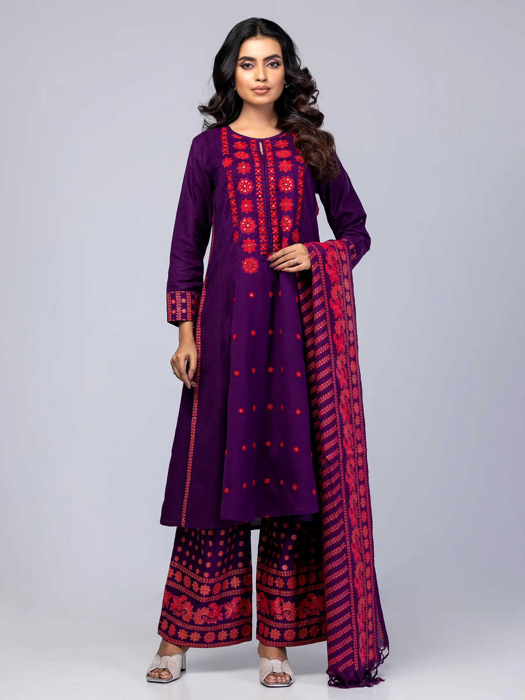Eggplant Purple Retro Print Theme Shalwar Kameez